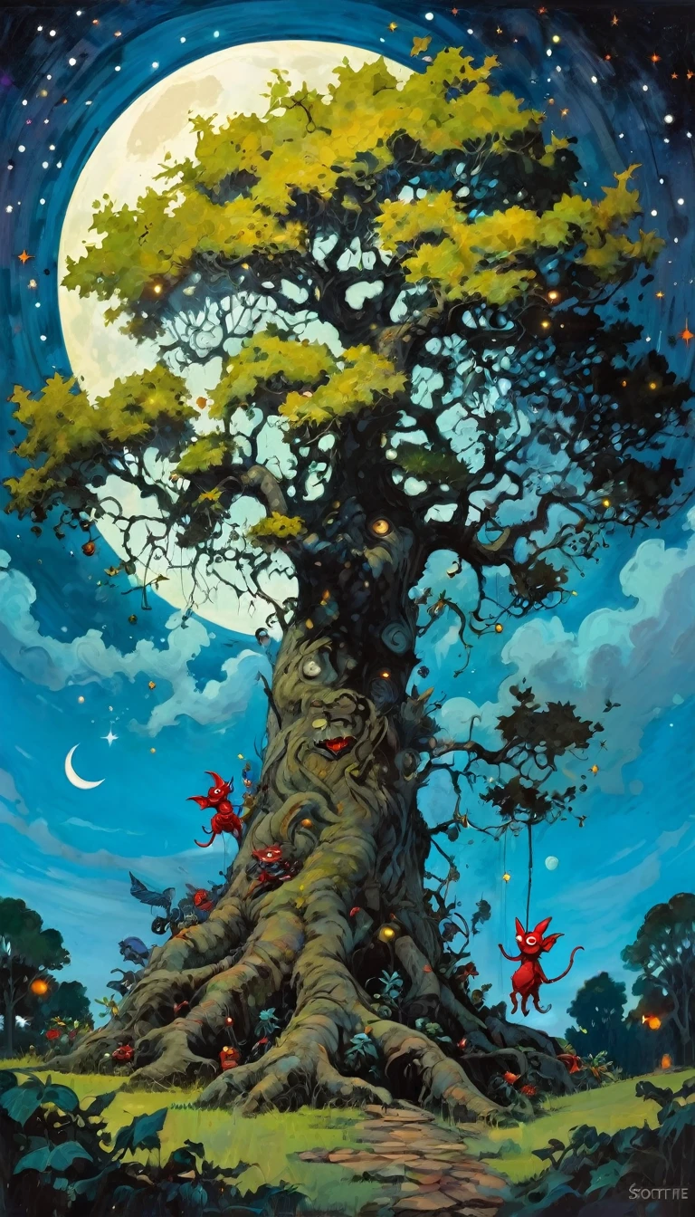 large very leafy tree that climbs to the heavens, impressive landscape, small and fun demons inhabit the tree, fantastic, night sky, moon, stars, background, (many demons have fun, play and fight) (art inspired by Skottie Young and Bill Sienkiewicz). oil painting)