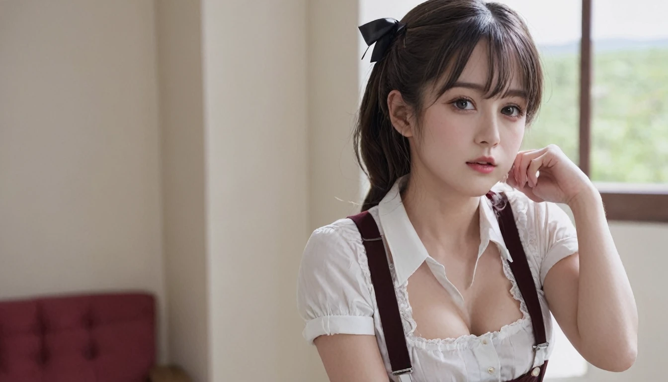 (8K, Raw photo, Best Quality, masutepiece:1.2), high-definition RAW color photography, professional photograpy, cowboyshot, (Realistic, photographrealistic:1.37), ((Best Quality)), 1womanl, Cinematic Light, (finerly detailed face:1.2), (masutepiece:1.5), (Best Quality:1.2), (Mole:0.8), (Smiling:0.9), (Looking at Viewer:1.2), bowtie, (Detailed Maid:1.2), breasts on table