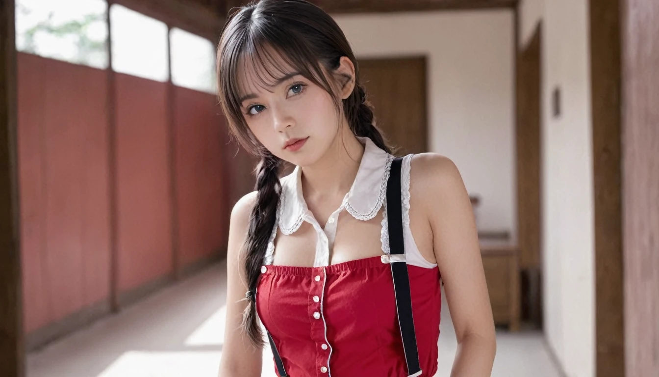 Highest quality, candy, masterpiece, One girl, alone, Small breasts, Cowboy Shot, suspenders, Red Shirt, Black Ribbon