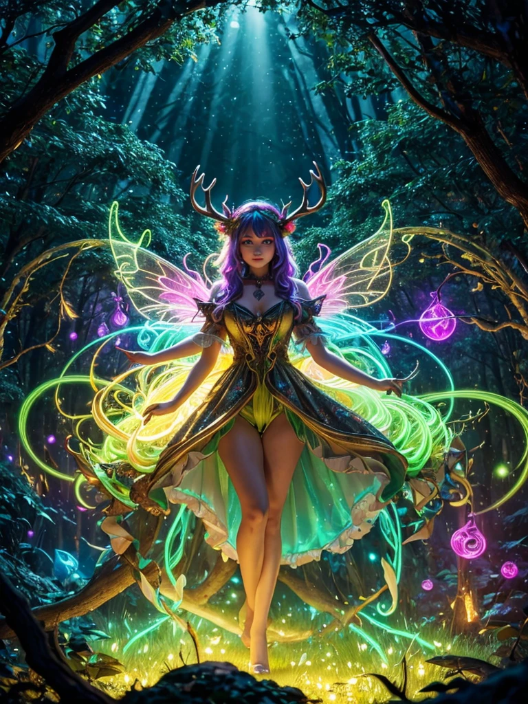 fairy forest, radiant woman of otherworldly beauty is gracefully perched upon the back of a magic forest deer(forest spirit),(highly detailed(glowing)neon yellow eyes:1.2),(Style-GravityMagic:1.1),(twisting swirls of colorful magic everywhere),colorful lights in the background,deer has giant branching antlers,(enchanted forest:1.2),(elaborate textures:1.2),(volumetric lighting),(soft lighting:1.2),shallow depth of field,(8k UHD,highest quality),explosionmagic,glowing aura
