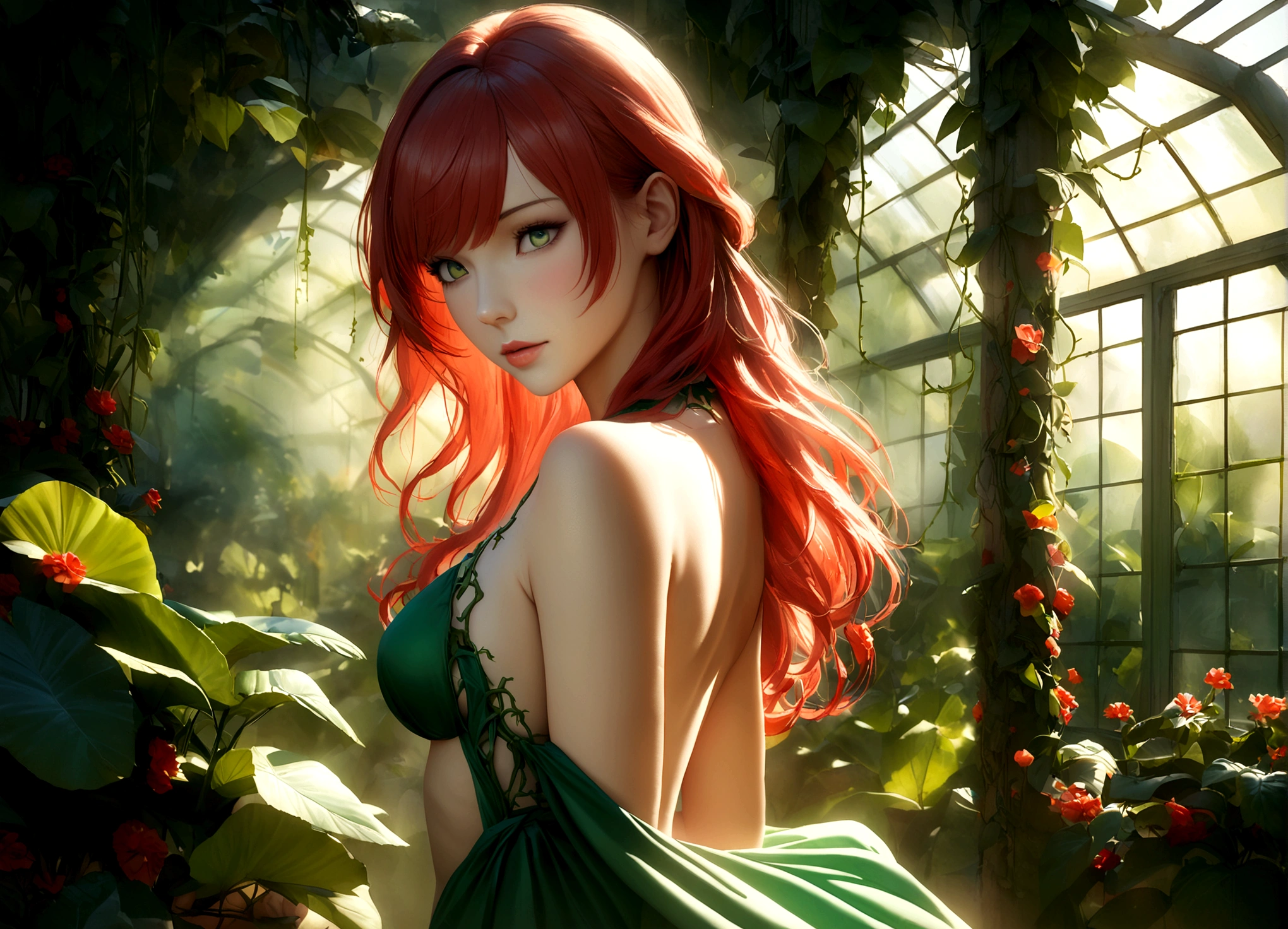A beautiful young woman (Taylor Swift age 25) with long, flowing red hair, wearing a revealing green evening dress, stands in a lush, verdant greenhouse. Vines and tendrils of exotic plants wrap around her body, as if the flora is alive and acting in concert with her seductive movements. Her emerald eyes gleam with a predatory gaze, fixated on a lovely female companion who is ensnared by the woman's allure and several snaking vines which are in the process of laying her down and stripping her. The scene is bathed in a warm, golden light, creating a sensual, almost dreamlike atmosphere. aesthetic, photorealistic, 8k, masterpiece, ultra-detailed, vivid colors, natural lighting, romantic, alluring, sensual, seductive, beautiful woman, long red hair, green evening dress, exotic plants, greenhouse, vine tendrils, emerald eyes, female companion, warm lighting