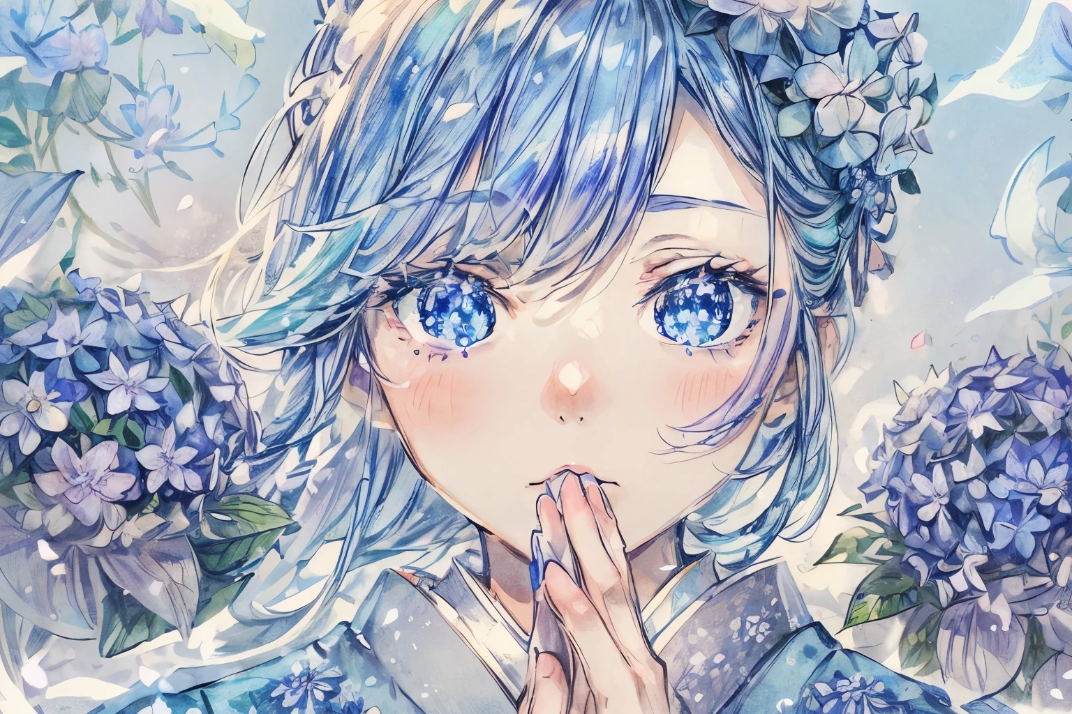 ((Lowest Quality, Low Quality)), ((Girl)), Solo, (Close-up: 1.3), (Face Focus: 1.4), ((Half-up, Light Blue Hair)), Clear Eyes and Plump Lips, Beautiful Blue Eyes: 1.2), Speaking Heart, Praying Hands, (Perfect Hands: 1.3), (Traditional Japanese Costume: 1.2), (She is wearing a kimono with a hydrangea pattern, Delicate and Fine Embroidery: 1.3), Embarrassed, Standing Bow, Looking at the Viewer, Tilts Head, (Snowstorm, Scattered Petals: 1.5), (Light Particles, Light Sparkles: 1.4), Hydrangea Effect, ((Hydrangea Background)), High-Angle Shot, Must-Have, Best Quality, Super Detailed,
