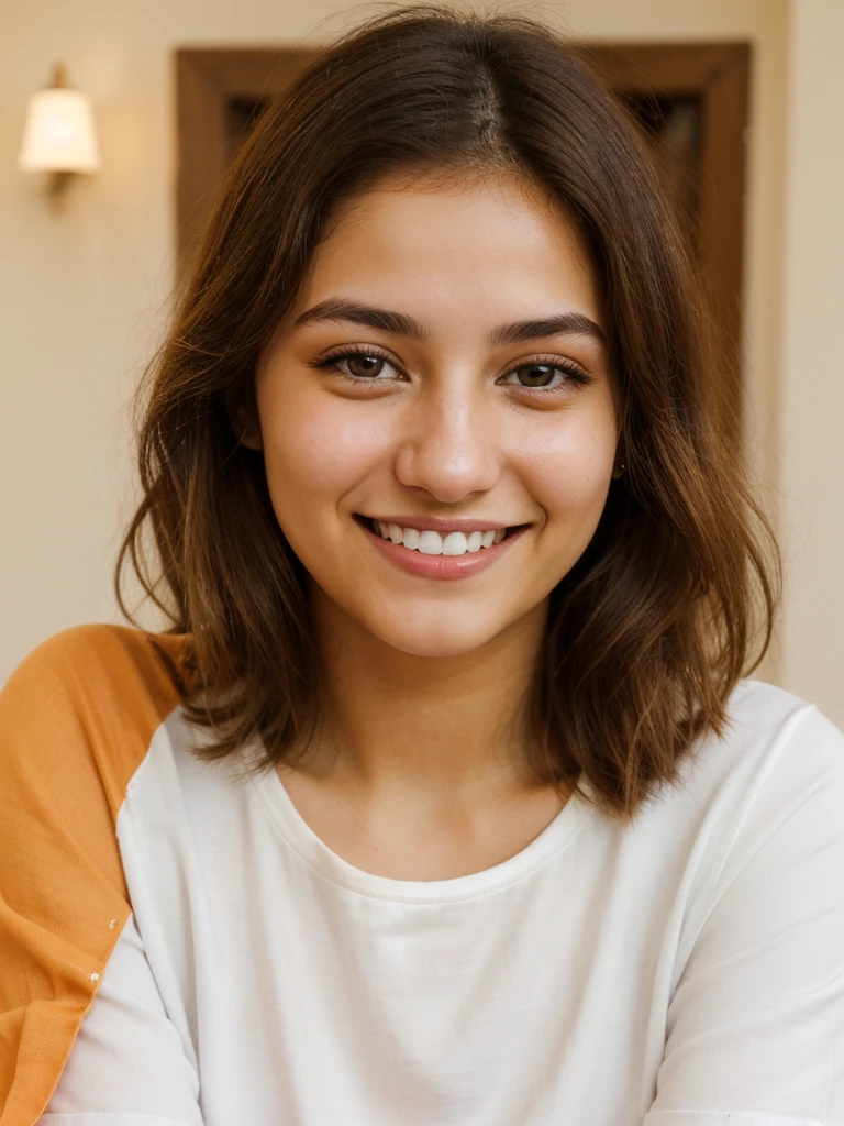 20YO, one women, cute smile, white teethes, white Jordanian, long burnt orange shirt, light brown eyes, small nose