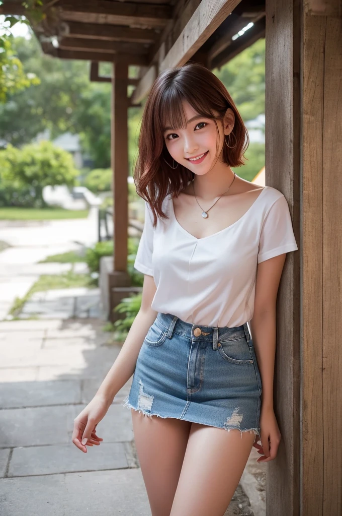 Under the eaves of a building, college freshman, ((full body)), ((photo)), ((best qualtiy, 8K, tmasterpiece:1.3)), Focus:1.2, perfect figure beautiful girl:1.4, 1girl, cowboy shot, look at viewer, incredibly absurd, beautiful and cute girl with a photorealistic face, showcasing top-quality craftsmanship, Japanese girl taking shelter from the rain under the eaves, , short hair, wavy and shiny hair, crimson hair, big eyes, long eyelashes, smiling face, white teeth, round face, small nose, smooth skin, fair skin, slim, 155cm tall, thin limbs, red lips, pink cheeks, lively expression, , delicate, well-balanced proportions, slim, 155cm tall, thin limbs, small A-cup breasts, white blouse, denim miniskirt, loafers, silver necklace, bracelet, beautiful girl, younger sister attribute, active, sociable, cheerful, optimistic, brave, curious, September