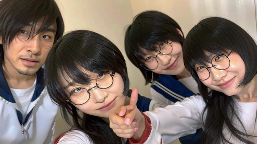 Suzuka takes a selfie with a man with his bangs down