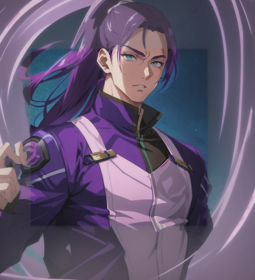 Anime Male、One adult male、Purple Eyes、Purple Hair、slicked back hair、Ponytail、Looking straight ahead、whole body、tall、Futuristic clothing、White background、detailed、Highest quality