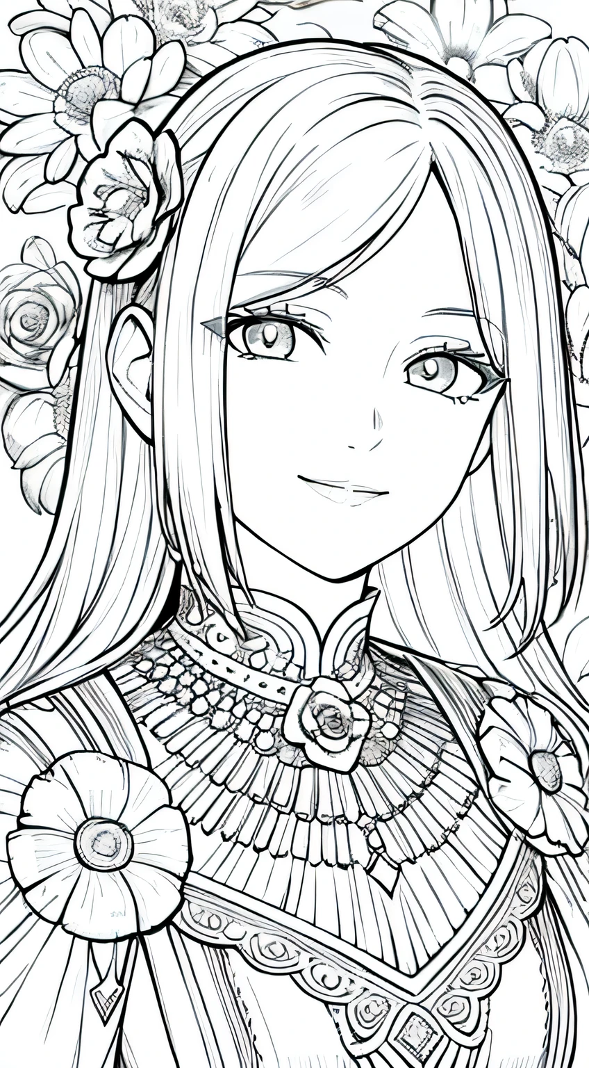 Masterpiece, best quality, (detailed background), high contrast, 1 girl, highly detailed face, wide shot portrait, smiling face, magnificent dress, looking to the sky, flower background, clean line drawings,