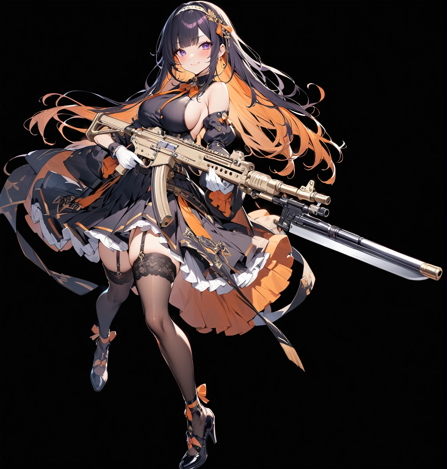masterpiece, best quality, 1girl, weapon, breasts, solo, colored-inner-hair, thighhighs, long-hair, holding, large-breasts, sideboob, gun, mole, detached-sleeves, holding-weapon, full-body, smile, bangs, mole-under-eye, black-hair, looking-at-viewer, gloves, dress, black-thighhighs, multicolored-hair, garter-straps, hair-ornament, white-gloves, simple-background, orange-hair, two-tone-hair, black-footwear, holding-gun, bare-shoulders, closed-mouth, blunt-bangs, purple-eyes, skirt, black-dress, high-heels, puffy-sleeves, frills, hairband, blush, ribbon, standing, ((bayonet)), pleated-skirt, shoes, black-skirt, ((rifle)), long-sleeves