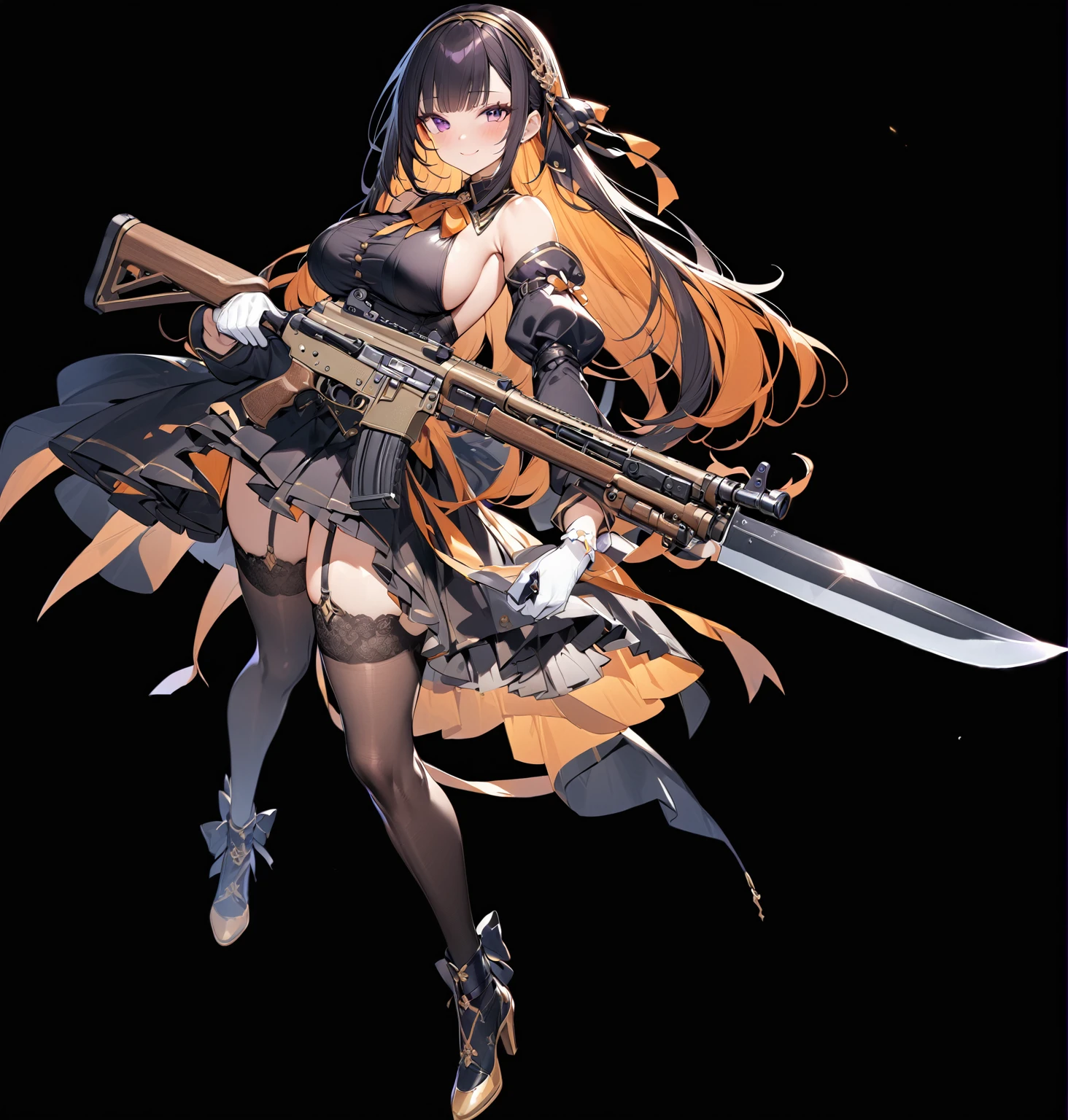 masterpiece, best quality, 1girl, weapon, breasts, solo, colored-inner-hair, thighhighs, long-hair, holding, large-breasts, sideboob, gun, mole, detached-sleeves, holding-weapon, full-body, smile, bangs, mole-under-eye, black-hair, looking-at-viewer, gloves, dress, black-thighhighs, multicolored-hair, garter-straps, hair-ornament, white-gloves, simple-background, orange-hair, two-tone-hair, black-footwear, holding-gun, bare-shoulders, closed-mouth, blunt-bangs, purple-eyes, skirt, black-dress, high-heels, puffy-sleeves, frills, hairband, blush, ribbon, standing, ((bayonet)), pleated-skirt, shoes, black-skirt, ((rifle)), long-sleeves