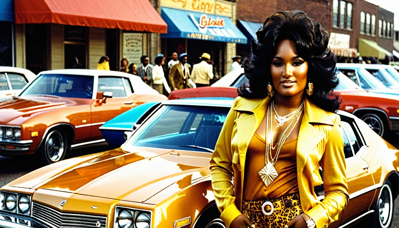 1970s photo of "Young Jeezy" wearing 1970s attire, classic cars, beautiful multiracial women, 