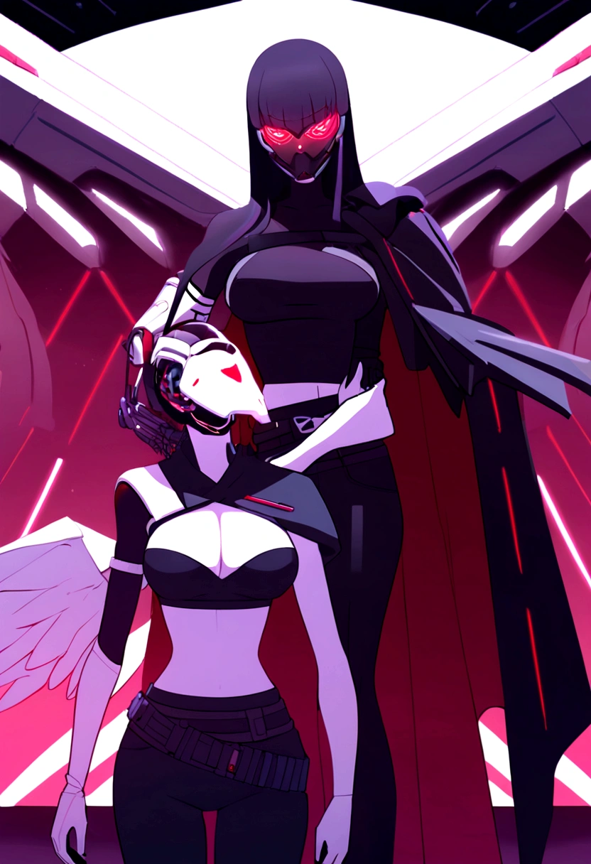 Long black hair woman, red eyes, cybernetic face mask with red LEDs, wings on the back side of the face mask, fully cybernetic right arm, normal left arm, having a black long shoulder cape on the right arm, wearing a black crop top covering medium sized breasts, and long black pants with boots, having a lightly loose belt. Facing forwards, singular woman
