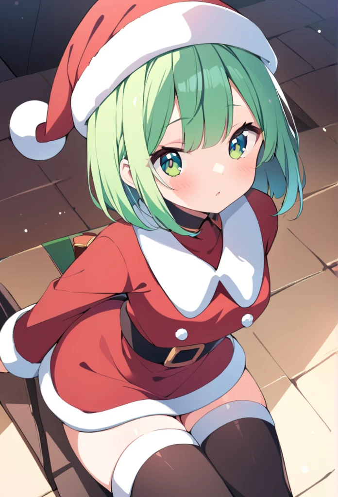 1 girl, cute, young, green hair, bob haircut, green eyes, santa clothes, thigh high,