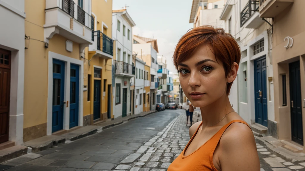 A woman of Turkish appearance,27 years,detailed facial features,(Amber eyes color:1.3),Greece eyes shape, Thin eyebrows,Full lips,Scotish jawline,(Pixie cut),Orange hair, royal blue color Shorts and tank top clothes,(Modest),Vertical Panorama Composition,posing in Bo-Kaap,blurred background,dim lighting,RAW photo,8K UHD,high quality,film grain,Canon EOS 5D Mark IV,(realistic foto:1.2)