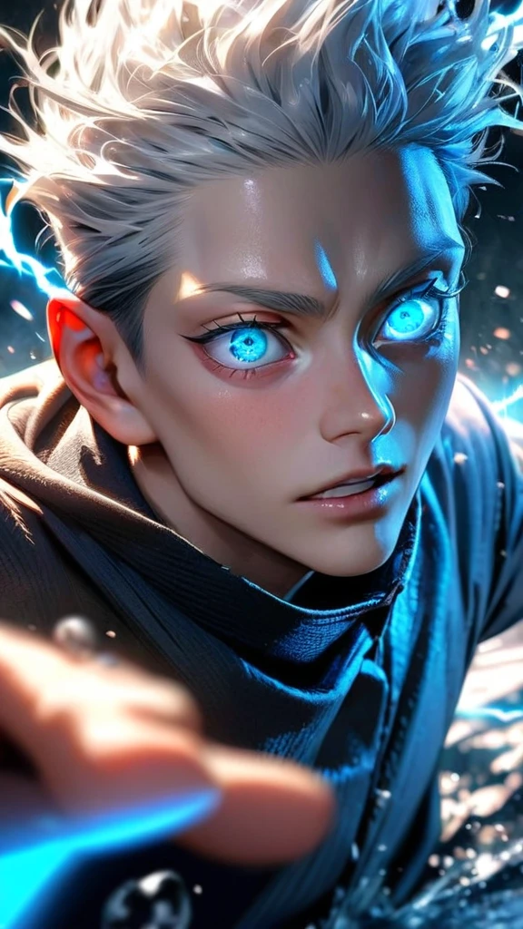  High quality, ultra realistic,absurdres, highres, ultra detailed, HDR, masterpiece, extremely detailed face and eyes,  Gojo satoru , jujutsu kaisen,, white hair ,black shirt , solo, ,man, handsome, ,white eyeleshes, blue eyes , Epic fight scene, blue splashing effect,blue lightning  effect,glowing glitters , close up