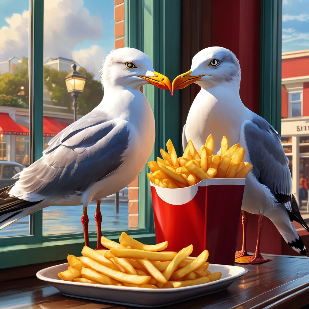 Craving the fries ((seagulls are looking at the glass outside the window :1.9)), a woman is sitting by the window eating fries,seaside burger shop, detailed realistic oil painting, beautifully detailed eyes, beautifully detailed lips, highly detailed eyes and face, long eyelashes, photorealistic, 8k, masterpiece, highly detailed, vibrant colors, warm lighting, cozy atmosphere, beautiful landscape, dramatic sky, realistic textures, intricate details, cinematic composition