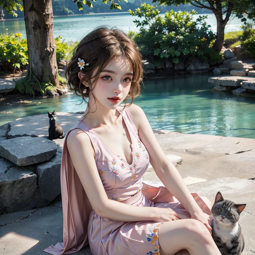 Masterpiece, Best quality, high resolution, realistic , hyperrealism , lifelike photography ,2024s, , alluring beautiful full body shot, (curly blondish brunette long hair, blue beautiful eyes), white skin with freckles,((( beautiful short cut naughty vest with flower embroidery mini skirt ))), beautiful golden necklaces & bracelets, elegant bearing, beautiful landscape background of a rose & lilac orchid garden, high budget , beautiful mesmerizing face and small nose, long and curly sparkling hair , holding a beautiful orange stray cat , clivage , sunset , pink clouds , yellowish red rays at the horizon, elegant posing, beautiful legs, fit body, gorgeous Russian woman standing and naughty posing at the lagoon shores, back shot, side shot , front shot, blue lagoon , full body shot at the frame , naughty smile , deep cut chest style dress,(( very short skirt)) ,windy summer breeze , reasonable naked body parts, reasonable nudity ,((((cute cats sitting around her)))), naughty girl , very cute smile, bra and underwear is seen ,(( lingerie is seen)) , 25 years old blonde Russian girl ,