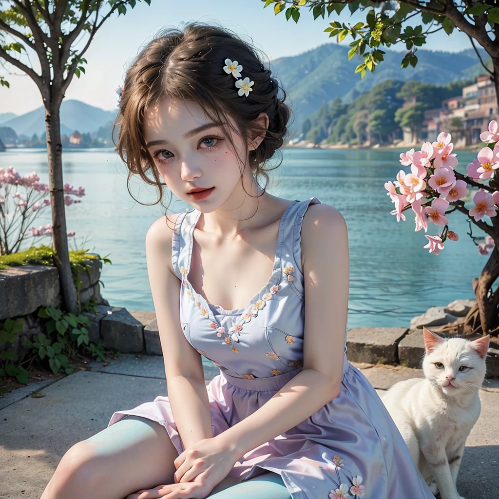 Masterpiece, Best quality, high resolution, realistic , hyperrealism , lifelike photography ,2024s, , alluring beautiful full body shot, (curly blondish brunette long hair, blue beautiful eyes), white skin with freckles,((( beautiful short cut naughty vest with flower embroidery mini skirt ))), beautiful golden necklaces & bracelets, elegant bearing, beautiful landscape background of a rose & lilac orchid garden, high budget , beautiful mesmerizing face and small nose, long and curly sparkling hair , holding a beautiful orange stray cat , clivage , sunset , pink clouds , yellowish red rays at the horizon, elegant posing, beautiful legs, fit body, gorgeous Russian woman standing and naughty posing at the lagoon shores, back shot, side shot , front shot, blue lagoon , full body shot at the frame , naughty smile , deep cut chest style dress,(( very short skirt)) ,windy summer breeze , reasonable naked body parts, reasonable nudity ,((((cute cats sitting around her)))), naughty girl , very cute smile, bra and underwear is seen ,(( lingerie is seen)) , 25 years old blonde Russian girl ,