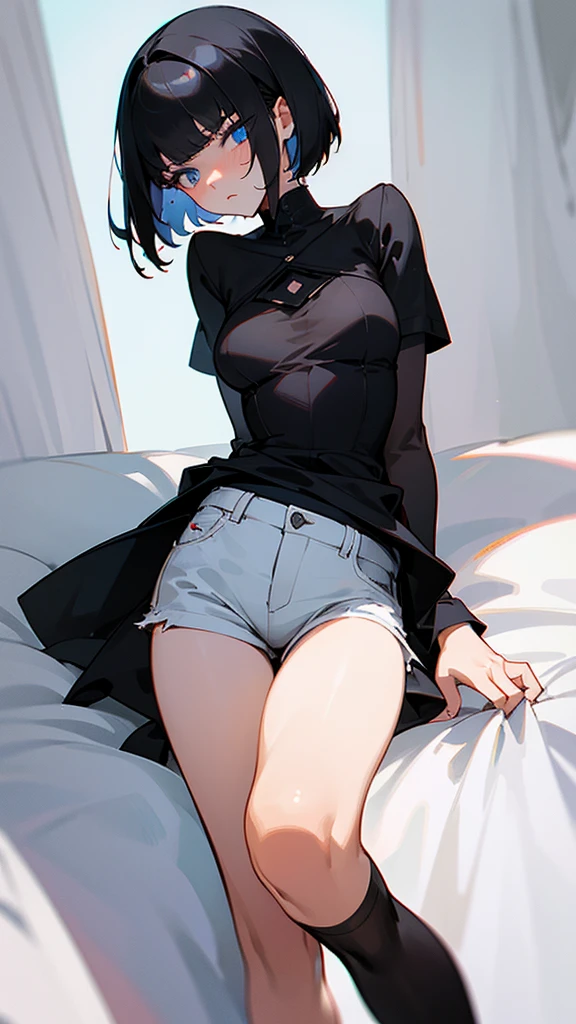 ((Best Quality)), ((Masterpiece)), (Detailed), Girl with short black hair, with straight bangs, blue eyes, the pupils of his eyes look at you strongly, tall and slender, very beautiful and feminine features, with loose black clothing, wearing shorts with long black stockings, short hair, nice breasts, with a too short miniskirt, with a scared expression, she feels alone and has no help but also a sexualized expression, just woke up