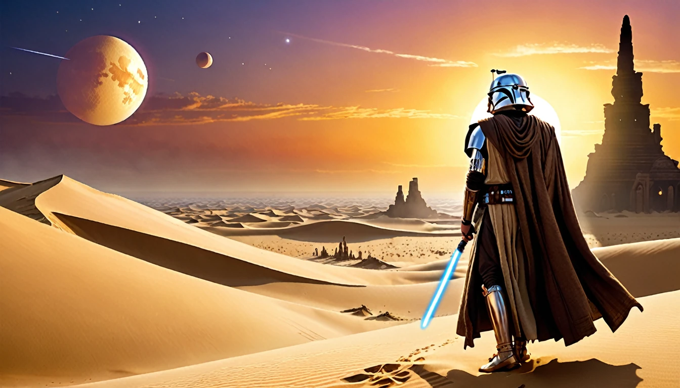 “Imagine a scene on a distant desert planet, reminiscente de Tatooine, where a lone Jedi knight finds himself on a sand dune, observando o horizonte. In the sky, two moons are visible, e ao longe, the ruins of an ancient civilization emerge from the sands. The light of the sunset reflects off the Jedi's lightsaber, creating a contrast with the shadows that begin to lengthen across the desert,hyper realistic composition,32k resolution,cinematic composition,cinematic color grading.photography whit Phaseone 85mm,death of field lens.