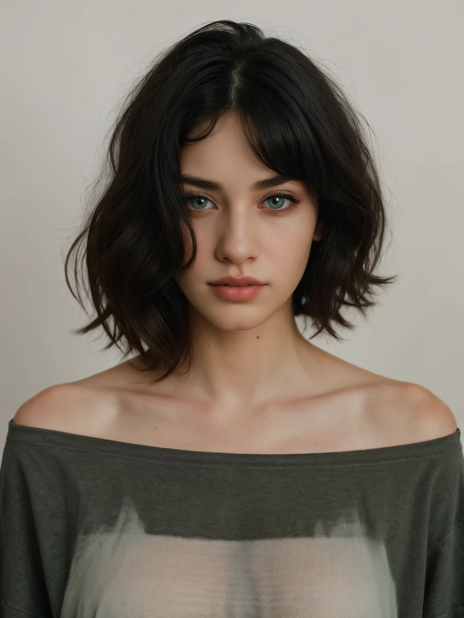 Best quality, masterpiece, ultra high res, (photorealistic:1.5), raw photo, 1 mature girl, off shoulder comfy t-shirt, in the dark, deep shadow, low key, cold light, sexy look, black medium hair with bangs (((black hair))), green eyes, sharp eyes, eyeshadow, plain white background