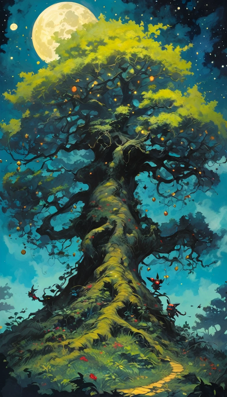 large very leafy tree that climbs to the heavens, impressive landscape, small and fun demons inhabit the tree, fantastic, night sky, moon, stars, background, (many demons have fun, play and fight) (art inspired by Skottie Young and Bill Sienkiewicz). oil painting)
