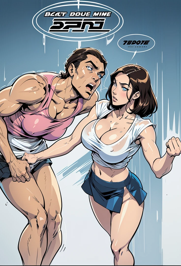 1 man 1 girl Manga comic sensual brunette girl Straight loose hair, blue eyes wet white t-shirt, black tabled skirt In a sensual pose, she teach self defense knee with a woden dummy (bigboob big ass) (wet t-shirt) (highly detailed) (concept art) (manga) (anime) (draw) (face anime detailed) (comics)