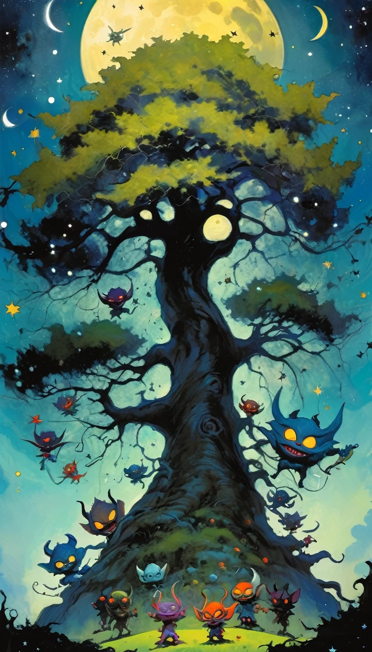 large very leafy tree that climbs to the heavens, impressive landscape, small and fun demons inhabit the tree, fantastic, night sky, moon, stars, background, (many demons have fun, play and fight) (art inspired by Skottie Young and Bill Sienkiewicz). oil painting)