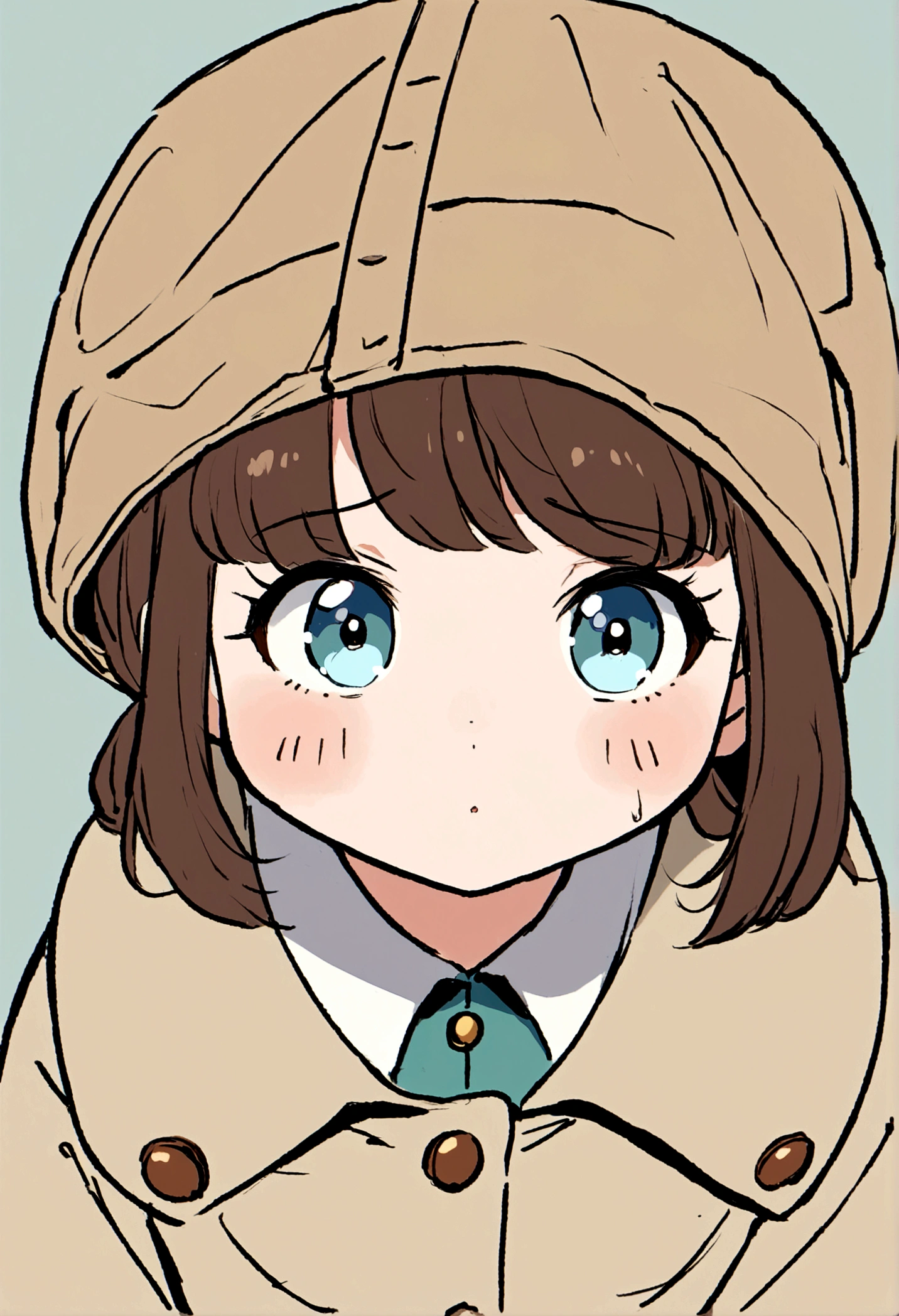 Cute brown hair girl, ojos azules, wearing a light brown Soviet winter jacket from the 1940s era, sentada en una trinchera nevada