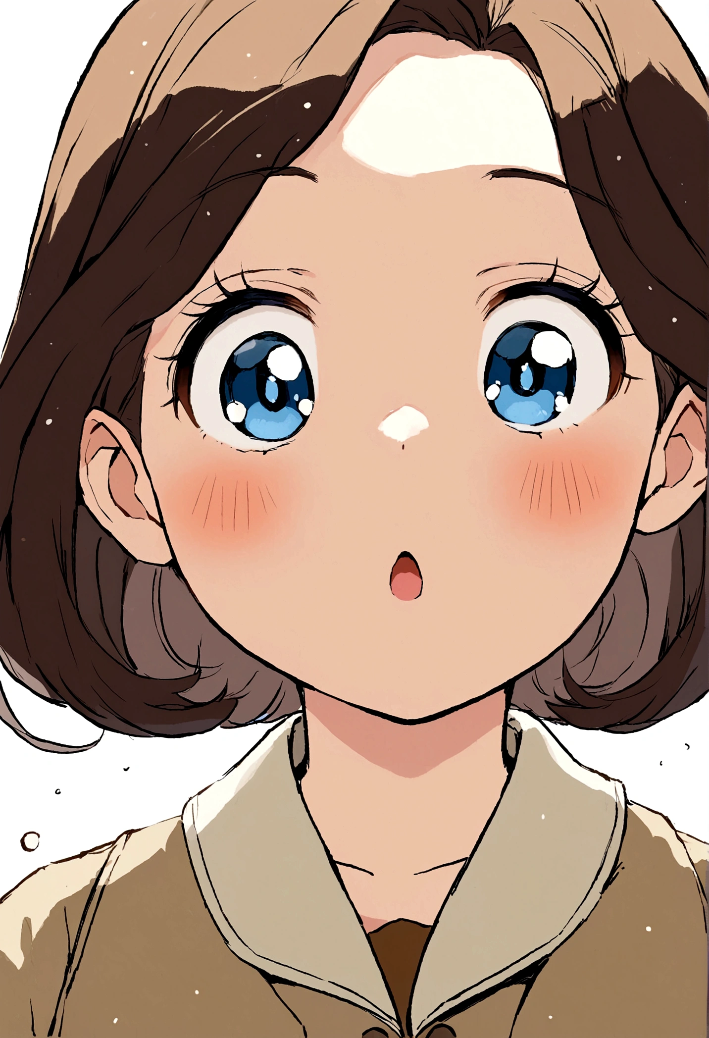 Cute brown hair girl, ojos azules, wearing a light brown Soviet winter jacket from the 1940s era, sentada en una trinchera nevada