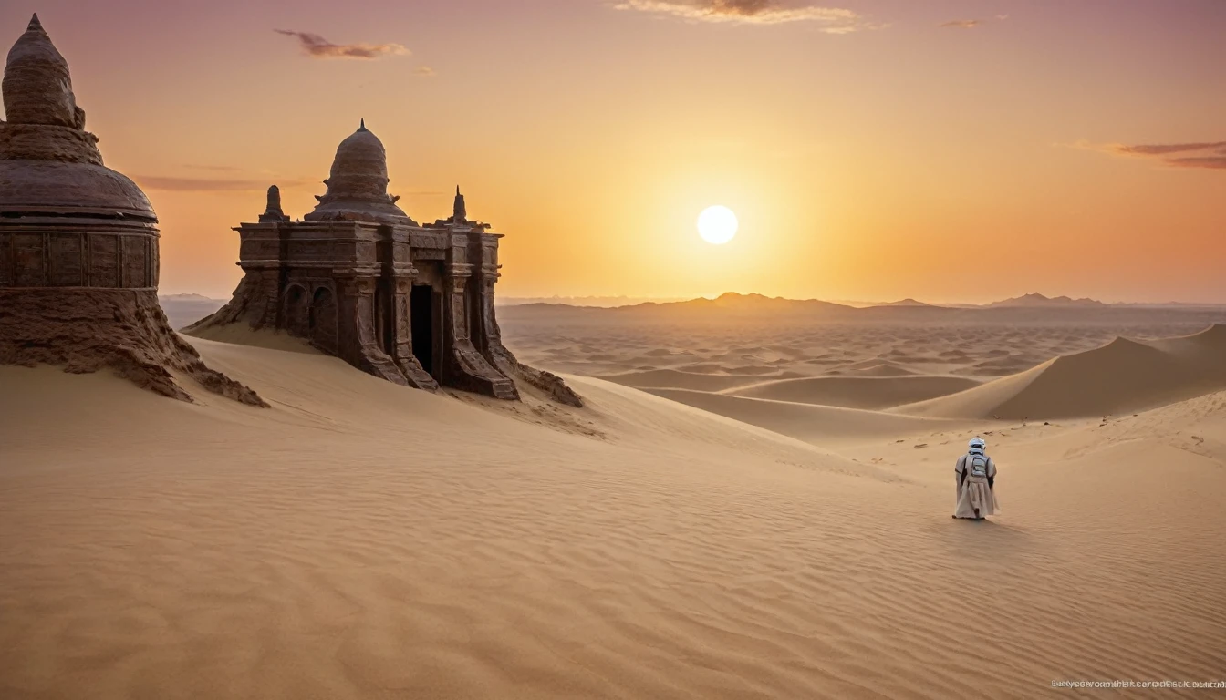 “Imagine a scene on a distant desert planet, reminiscente de Tatooine, where a lone Jedi knight finds himself on a sand dune, observando o horizonte. In the sky, two moons are visible, e ao longe, the ruins of an ancient civilization emerge from the sands. The light of the sunset reflects off the Jedi's lightsaber, creating a contrast with the shadows that begin to lengthen across the desert,hyper realistic composition,32k resolution,cinematic composition,cinematic color grading.photography whit Phaseone 85mm,death of field lens.