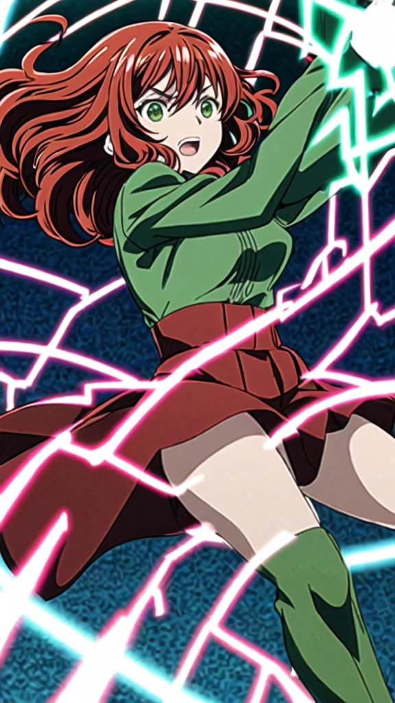 anime girl with curly red hair and green eyes fighting with electricity power