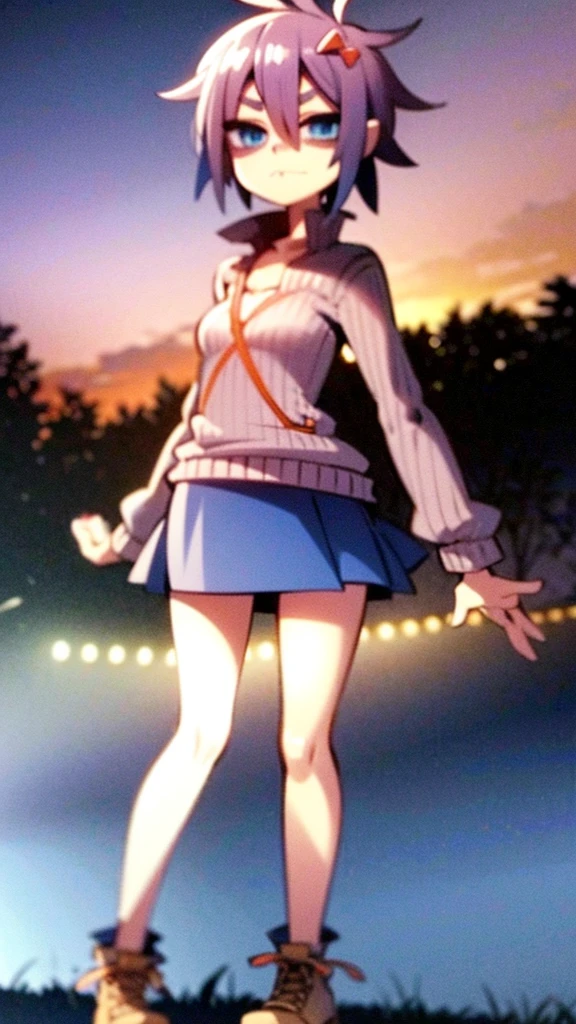 Character: sayori from ddlc. Appearance: Blue eyes, short coral pink hair, average medium body, blue eyes, serious expression. Clothing: Brown jacket, orange plaid sweater, white shirt , red bow in hair, Bright blue skirt, white shoes with blue tips. Environment: at night, trees, street, lighting by a normal light headlamp. Animation style: gorillaz, 2D