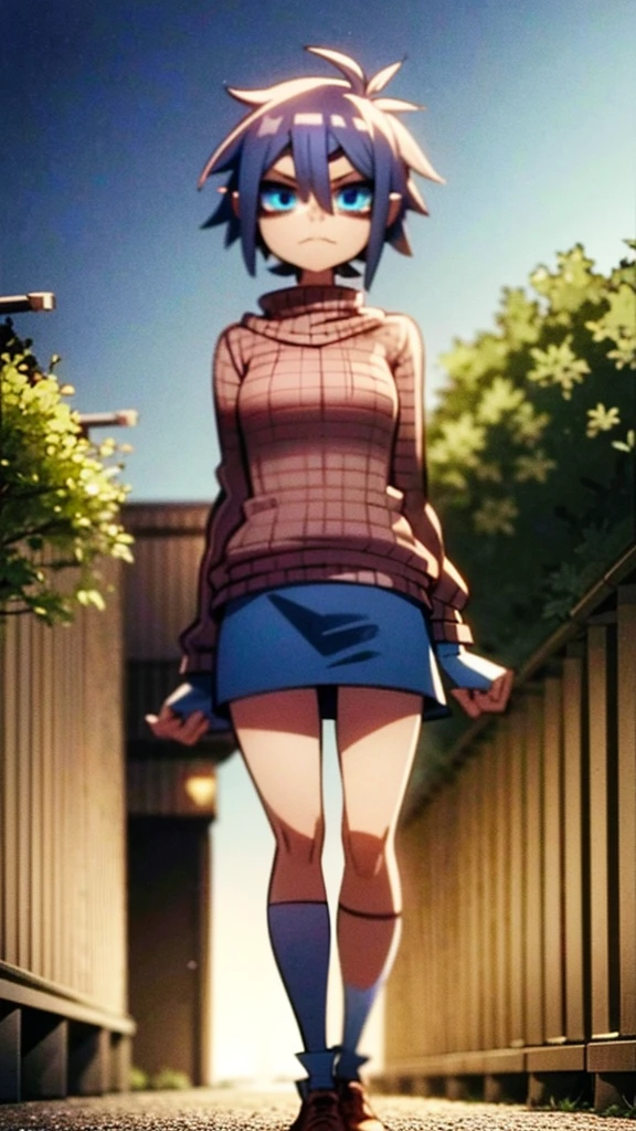 Character: sayori from ddlc. Appearance: Blue eyes, short coral pink hair, average medium body, blue eyes, serious expression. Clothing: Brown jacket, orange plaid sweater, white shirt , red bow in hair, Bright blue skirt, white shoes with blue tips. Environment: at night, trees, street, lighting by a normal light headlamp. Animation style: gorillaz, 2D