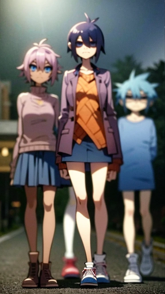 Character: sayori from ddlc. Appearance: Blue eyes, short coral pink hair, average medium body, blue eyes, serious expression. Clothing: Brown jacket, orange plaid sweater, white shirt , red bow in hair, Bright blue skirt, white shoes with blue tips. Environment: at night, trees, street, lighting by a normal light headlamp. Animation style: gorillaz, 2D