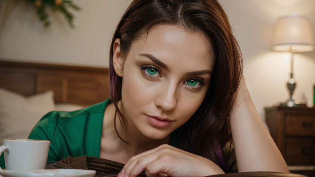 A woman of Ukranian appearance,25 years,detailed facial features,(Green eyes color:1.3),Scotish eyes shape, Thin eyebrows,Full upper lip, thin lower lip,Irish jawline,(Balayage),Deep purple hair, pink color Pantsuit clothes,(Modest),Centered Composition,posing in Table Mountain,blurred background,dim lighting,RAW photo,8K UHD,high quality,film grain,Fujifilm X-T3,(realistic foto:1.2)