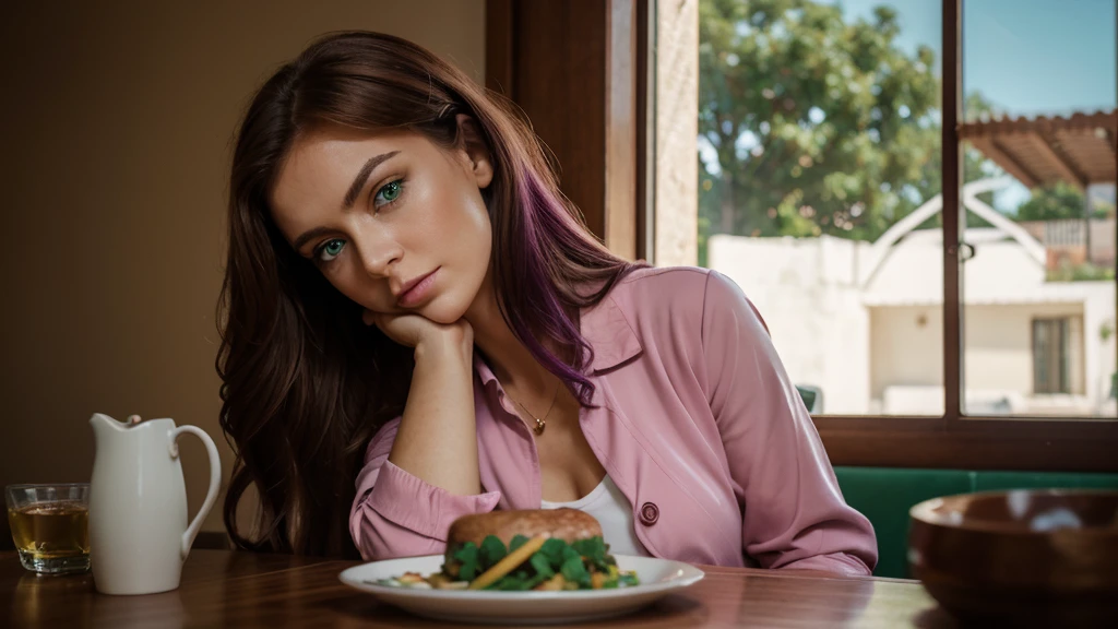 A woman of Ukranian appearance,25 years,detailed facial features,(Green eyes color:1.3),Scotish eyes shape, Thin eyebrows,Full upper lip, thin lower lip,Irish jawline,(Balayage),Deep purple hair, pink color Pantsuit clothes,(Modest),Centered Composition,posing in Table Mountain,blurred background,dim lighting,RAW photo,8K UHD,high quality,film grain,Fujifilm X-T3,(realistic foto:1.2)