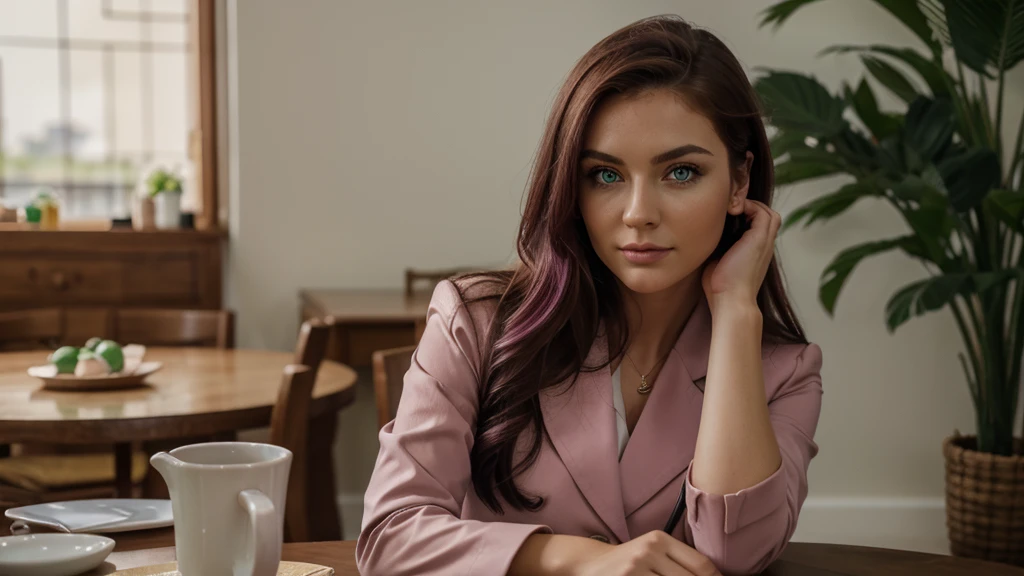 A woman of Ukranian appearance,25 years,detailed facial features,(Green eyes color:1.3),Scotish eyes shape, Thin eyebrows,Full upper lip, thin lower lip,Irish jawline,(Balayage),Deep purple hair, pink color Pantsuit clothes,(Modest),Centered Composition,posing in Table Mountain,blurred background,dim lighting,RAW photo,8K UHD,high quality,film grain,Fujifilm X-T3,(realistic foto:1.2)