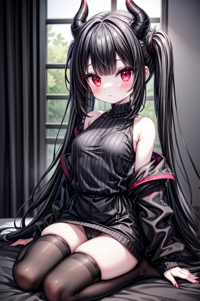 1 girl, pale skin, gray shoulder shirt with black stripe, with black panties, black socks, devil tail, black hair with long bangs, straight black horns, big , with red eyes and big lashes,
