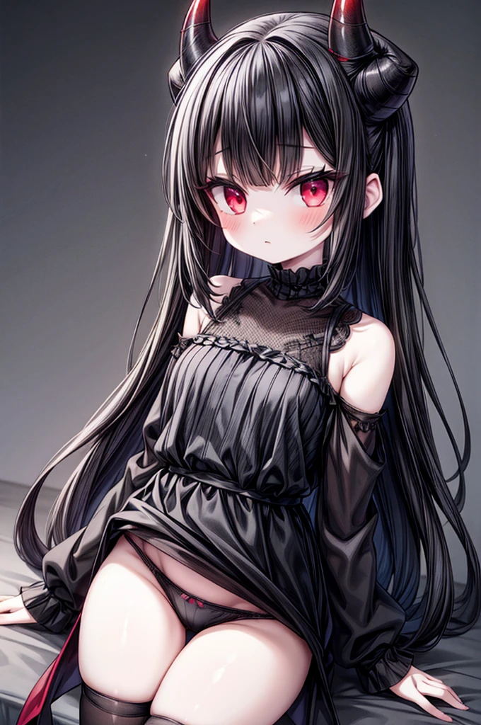 1 girl, pale skin, gray shoulder shirt with black stripe, with black panties, black socks, devil tail, black hair with long bangs, straight black horns, big , with red eyes and big lashes,