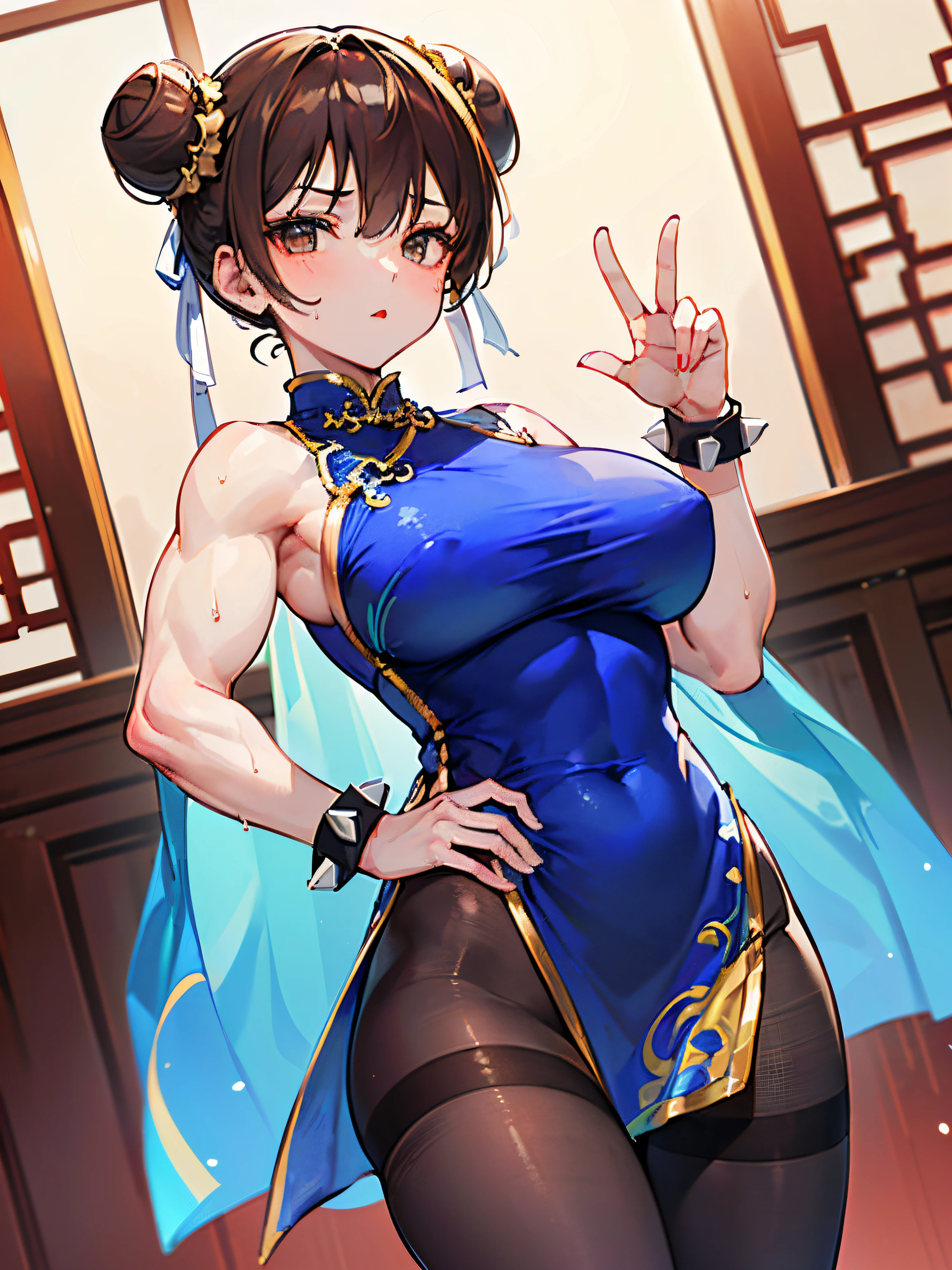 (((1girl))), Chun Li, standing with hand on hip, holding piece sign over eye, (((brown hair in twin hair buns))), (((ribbons in hair))), (((Blue chinese dress))), (((brown pantyhose))), big boobs, (((big muscular thighs))), perfect body, sweat, spiked bracelets on both wrists, abs, in dojo at sunset, red lipstick, black eye mascara,
