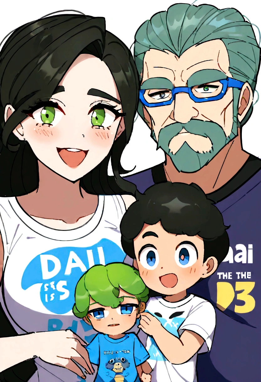 Pixar. Pai e filho, o pai tem cabelo preto e barba pequena com 43 anos , o filho tem cabelhk liso e preto olhos verdes e tem 10 anos, Dad T-shirt is black sleeveless, and the son's is blue with a print