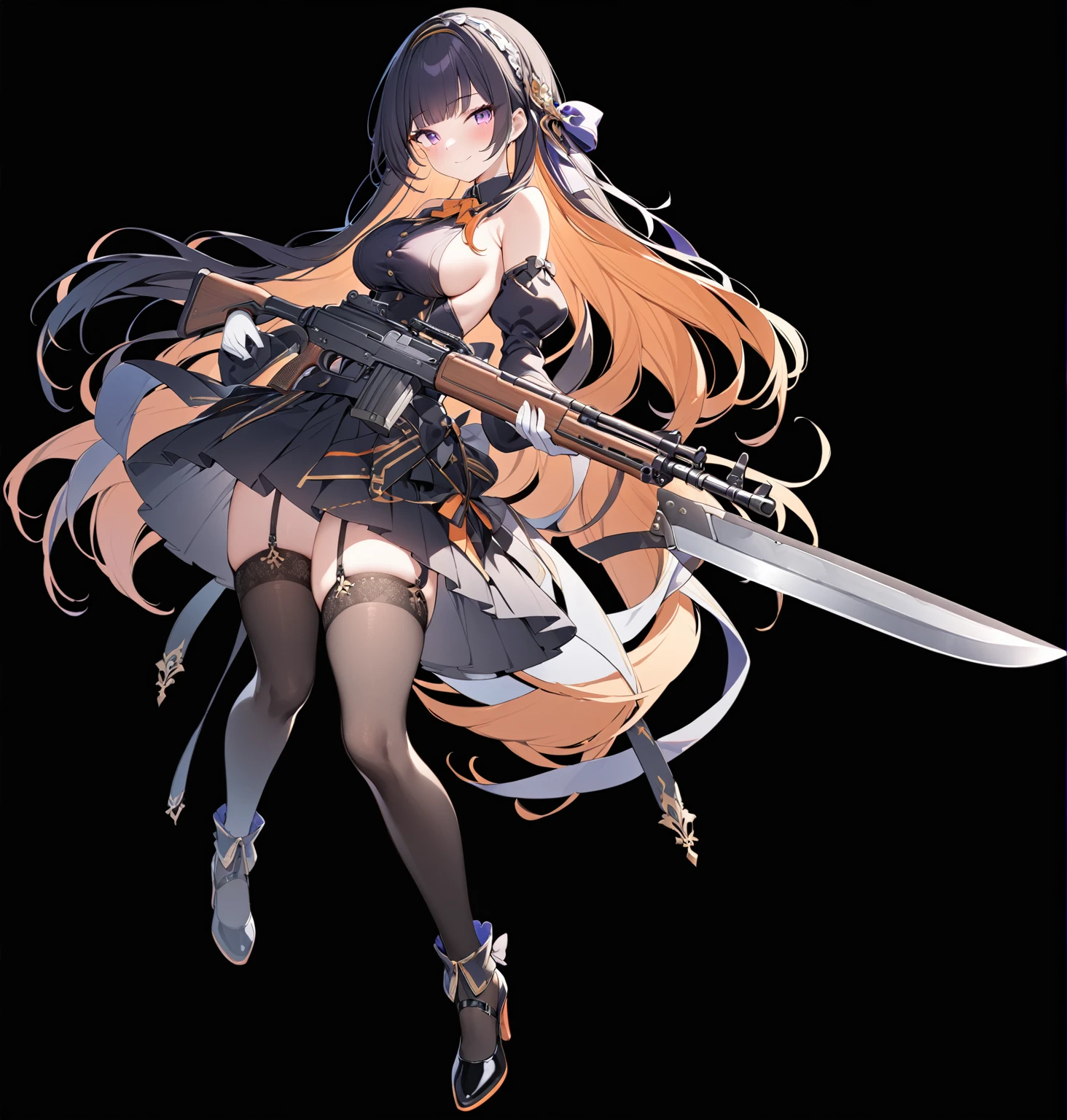 masterpiece, best quality, 1girl, weapon, breasts, solo, colored-inner-hair, thighhighs, long-hair, holding, large-breasts, sideboob, gun, mole, detached-sleeves, holding-weapon, full-body, smile, bangs, mole-under-eye, black-hair, looking-at-viewer, gloves, dress, black-thighhighs, multicolored-hair, garter-straps, hair-ornament, white-gloves, simple-background, orange-hair, two-tone-hair, black-footwear, holding-gun, bare-shoulders, closed-mouth, blunt-bangs, purple-eyes, skirt, black-dress, high-heels, puffy-sleeves, frills, hairband, blush, ribbon, standing, ((bayonet)), pleated-skirt, shoes, black-skirt, ((rifle)), long-sleeves