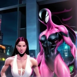 comic (Drawing:1.3) of (Sketch:1.3) a pink alien standing in front of a city, venom symbiote, symbiote, venom, official artwork hdr, screenshot from morbius 2022, hero pose colorful city lighting, 8k hd concept art, venomized, 8k render, 8 k high detail concept art, tor from marvel, background artwork, high detailed official artwork . graphic illustration, comic art, graphic novel art, vibrant, highly detailed