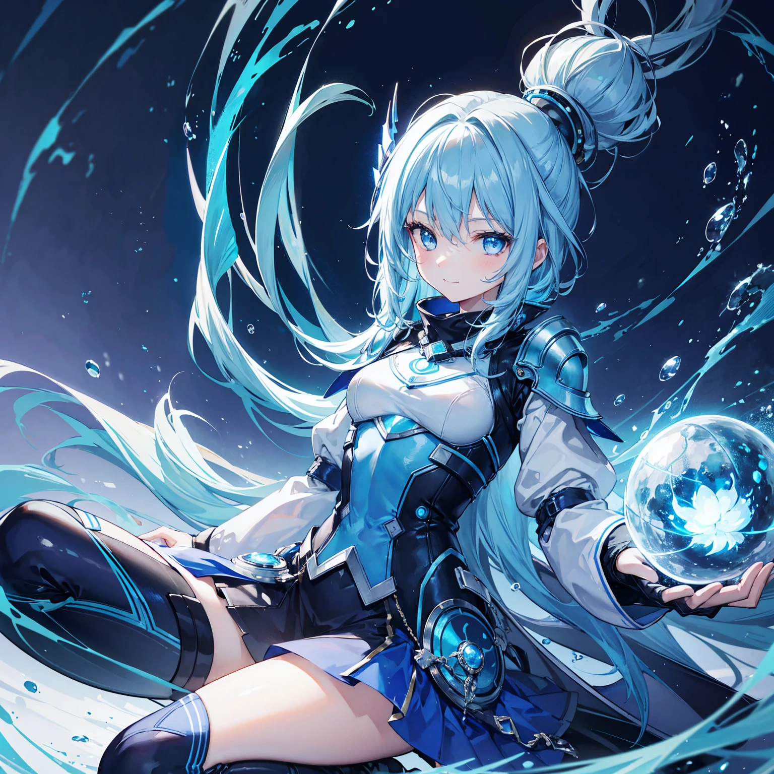 8k, Highest quality, (real:1.4), Original photo, 1 girl, Asari Hair, Biological Amplifier, refined armor, posture: Peace talks between warring factions,,Attention Clever Blue Eyes,A modest smile、Knee-high boots、Blue big moon and blue light swirl in the background、Blue light from behind、blue light magic,A small, glowing blue ball in the palm of your hand,Blue flame swirl