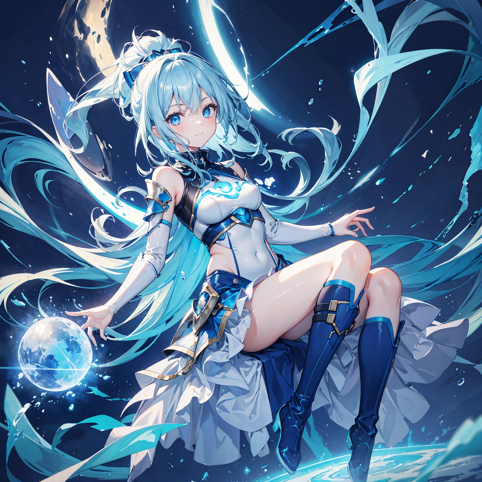 8k, Highest quality, (real:1.4), Original photo, 1 girl, Asari Hair, Biological Amplifier, refined armor, posture: Peace talks between warring factions,，Attention Clever Blue Eyes,A modest smile、Knee-high boots、Blue big moon and blue light swirl in the background、Blue light from behind、blue light magic,A small, glowing blue ball in the palm of your hand,Blue flame swirl