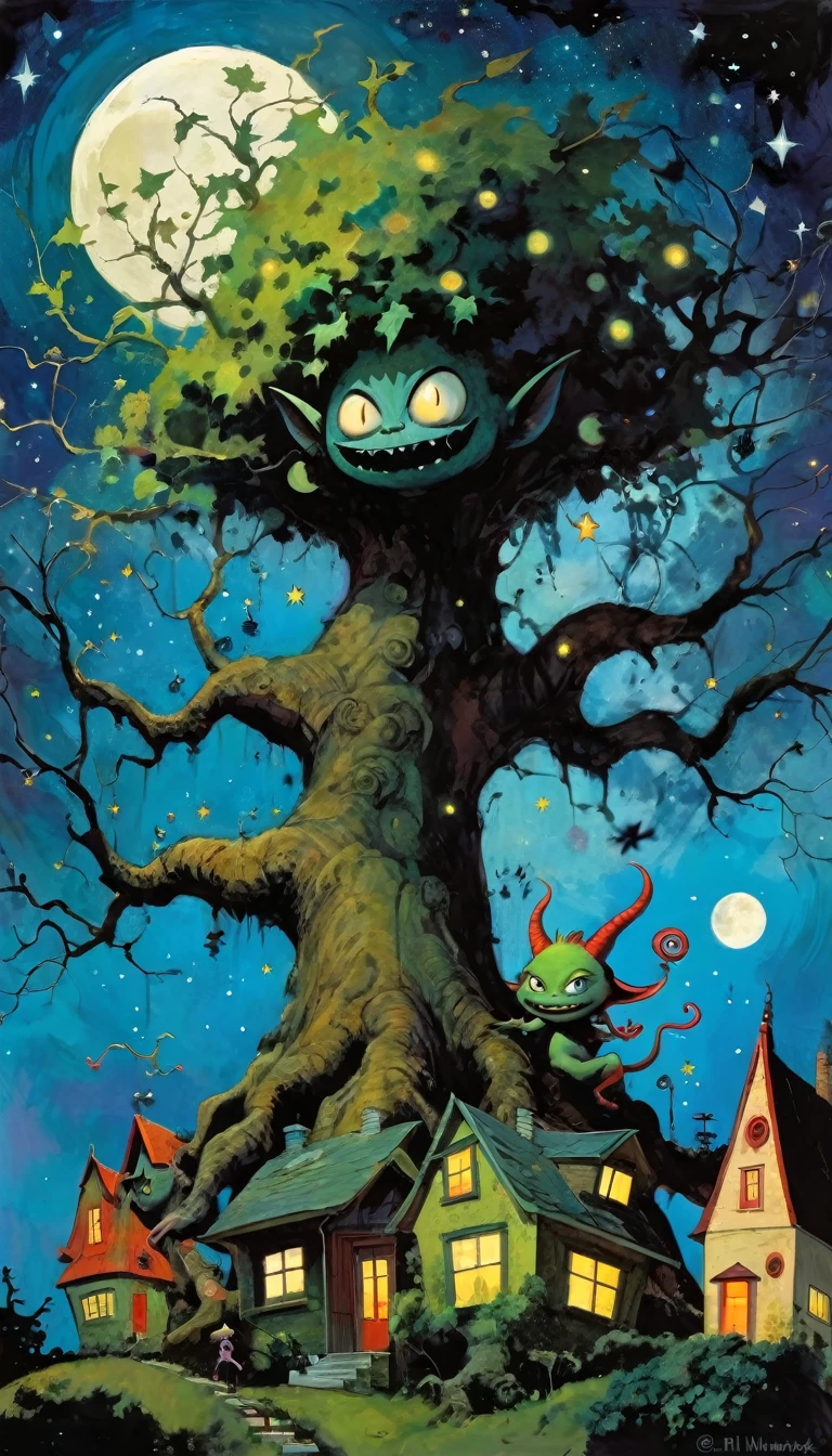 large, very leafy tree that rises to the heavens, impressive landscape, small and funny demons live in the tree, fantastic, night sky, moon, stars, background, (demon houses) (many demons have fun, play and dance) (art inspired by Skottie Young and Bill Sienkiewicz). oil painting)