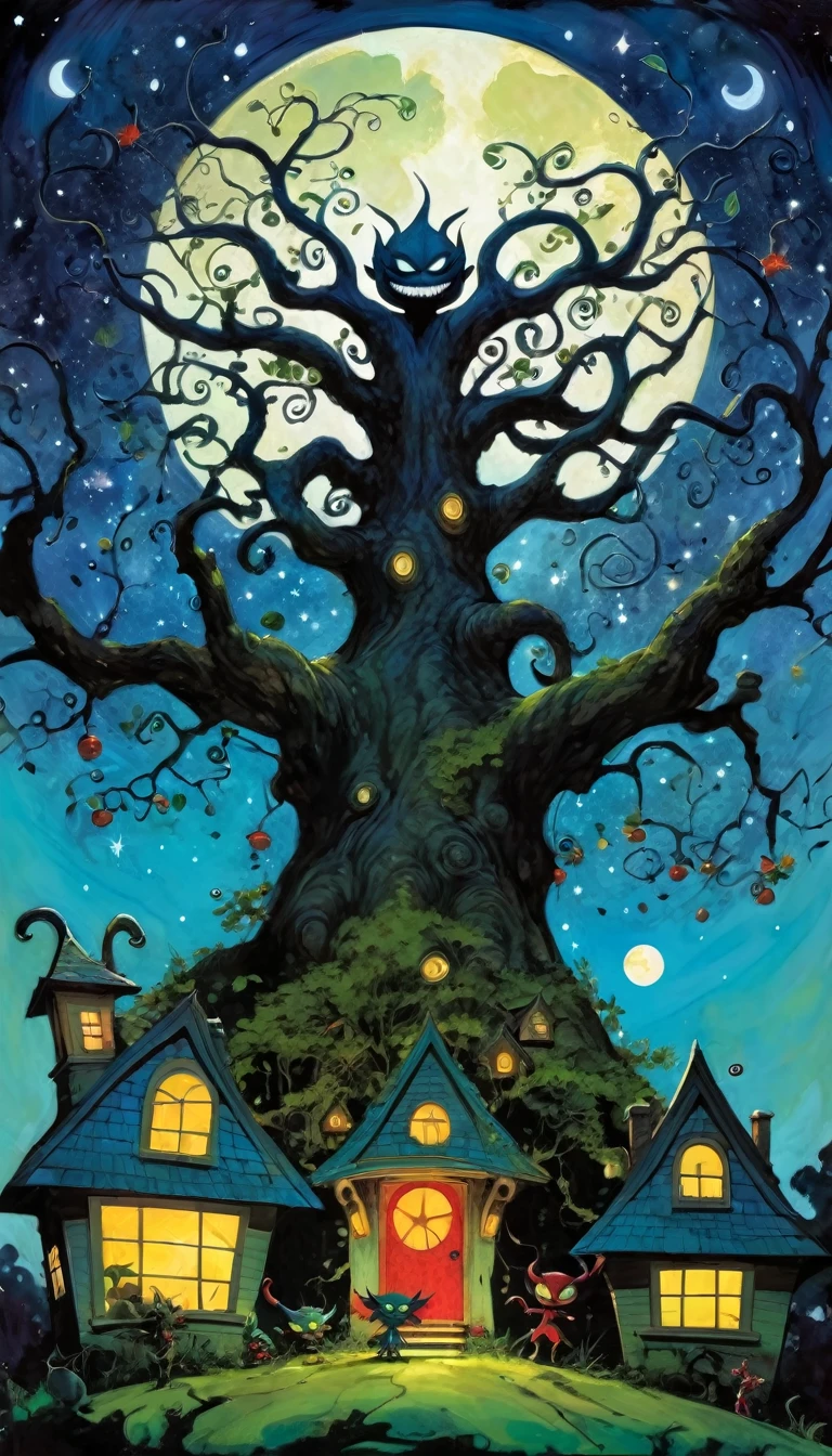 large, very leafy tree that rises to the heavens, impressive landscape, small and funny demons live in the tree, fantastic, night sky, moon, stars, background, (demon houses) (many demons have fun, play and dance) (art inspired by Skottie Young and Bill Sienkiewicz). oil painting)