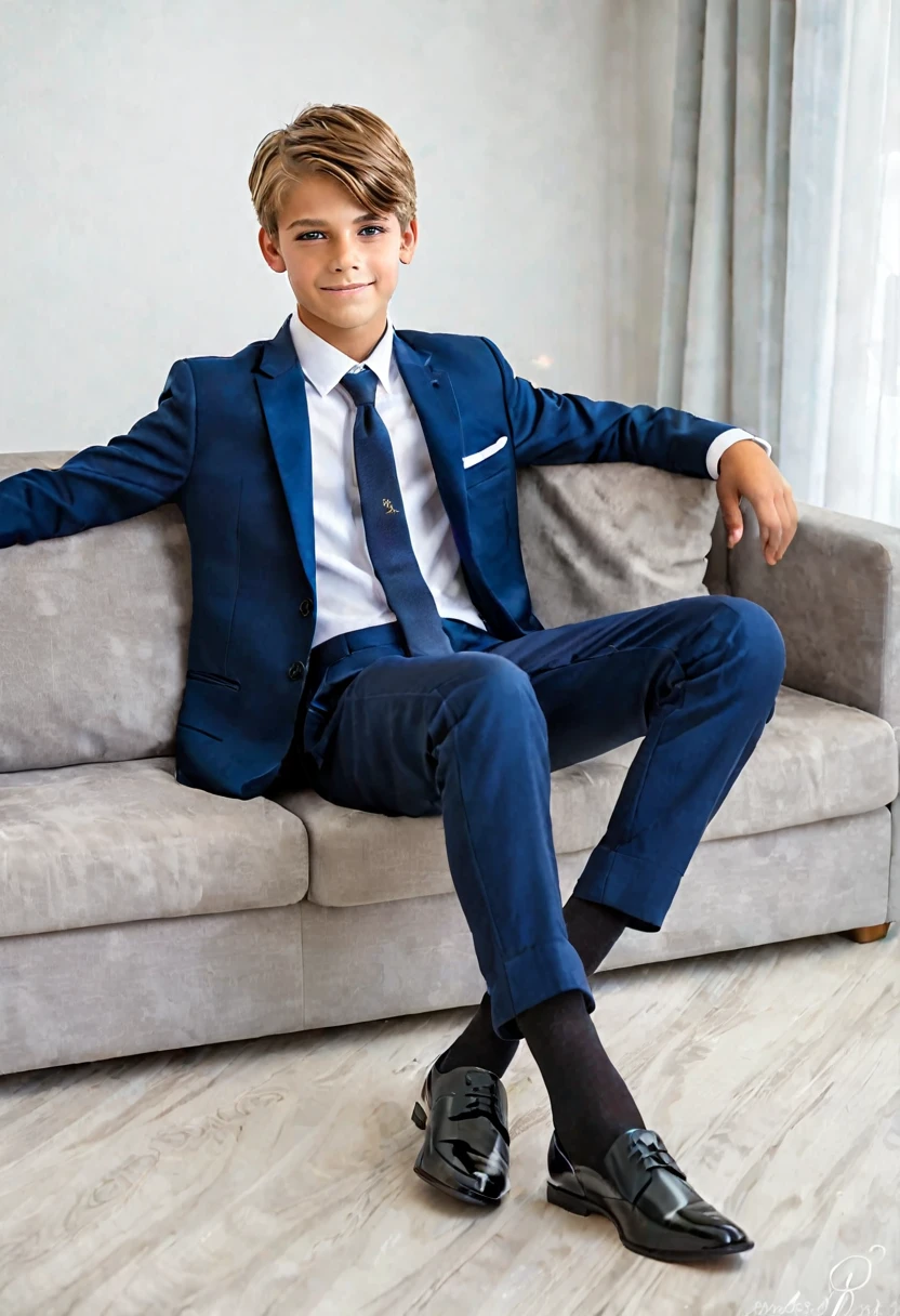 Beautiful and realistic  boy in tuxedo on the beach, carasultra detalladas, ., fotorrealista mejor calidad Imgen, EOS R7 mirrorless camera + Objetivo RF-S 18-150mm F3.5-6.3 IS STM de Canon A boy of 16 yearsold boy with very  hair,"sentado em el sofa", ojos grise, piel blanca, rasgos finos Americanos y europeos, con ropa muy formal y elegante, traje smokin color azul oscuro, Zapatos negro charol, en la sala de su casa, mirada alegre, dulce sonrisa, joy on the face, mejillas super delgadas. joven delgado. estatura media y delgado ( flaco