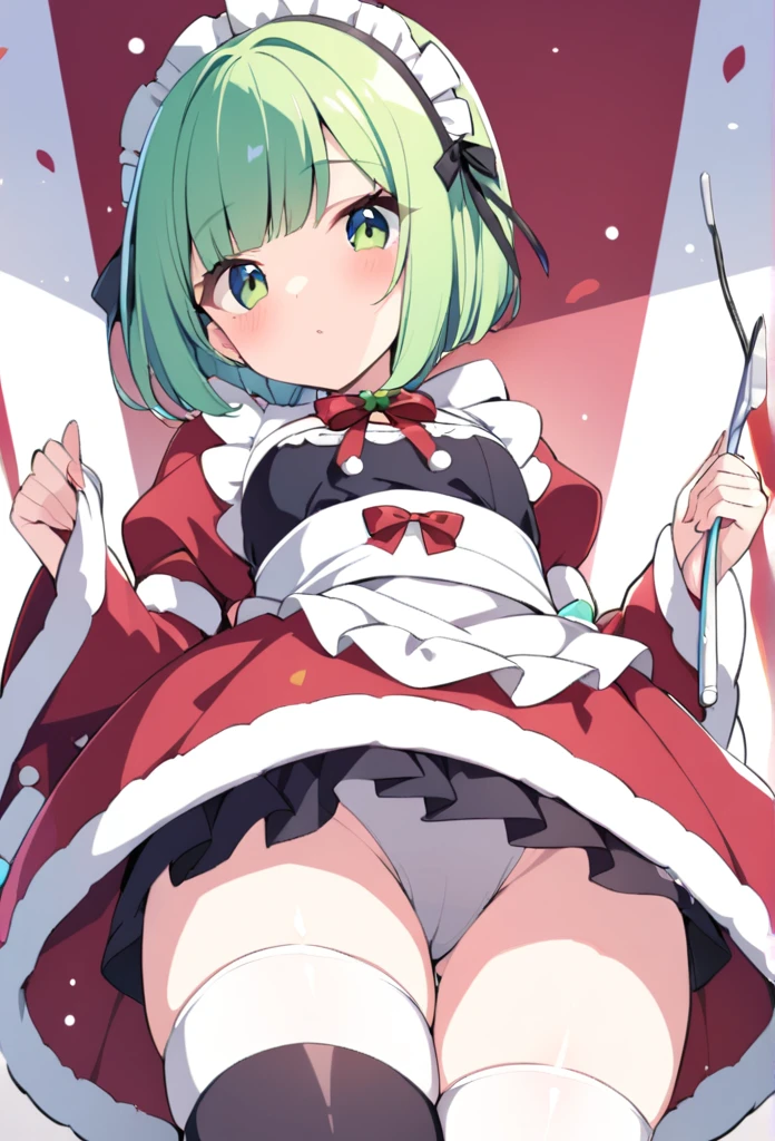 1 girl, cute, young, green hair, bob haircut, green eyes, santa maid, thigh high,