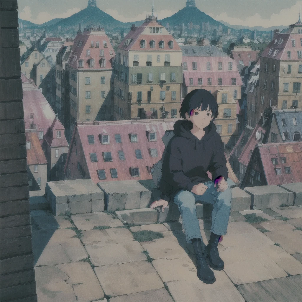 ghibli style, san \(mononoke hime\),
1boy,Black sweatshirt, with a backpack, on your back, looking at the horizon, during the day, magical world, modern,Background cities, jeans, boots, short hair with blue gradient, Sitting in a building,With your back to the viewer, large city with some large buildings 